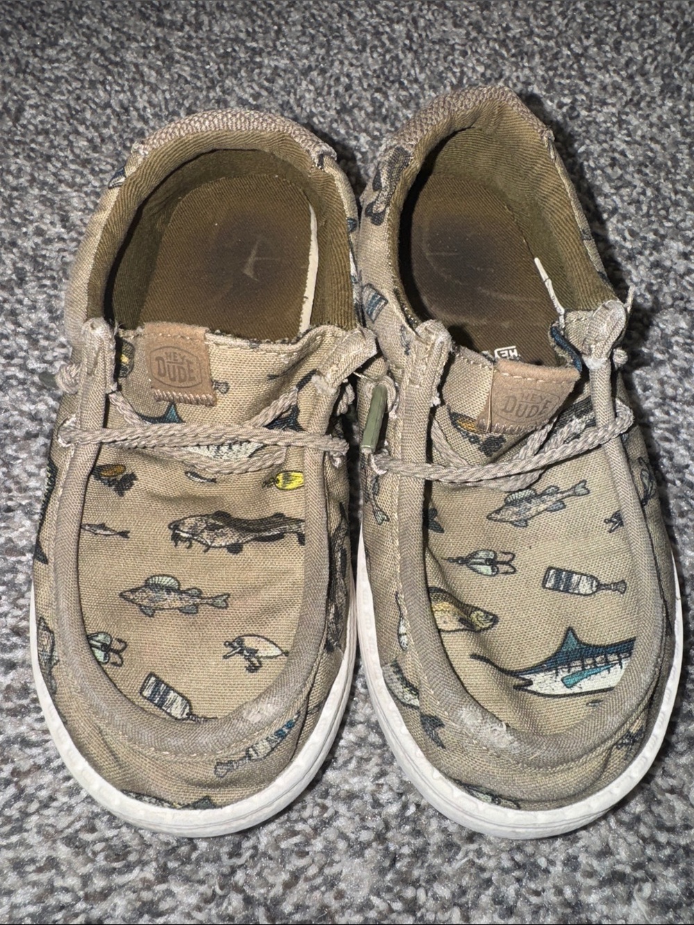Hey Dude Kids Canvas Slip-Ons in Olive with Blue and Yellow Fish Print